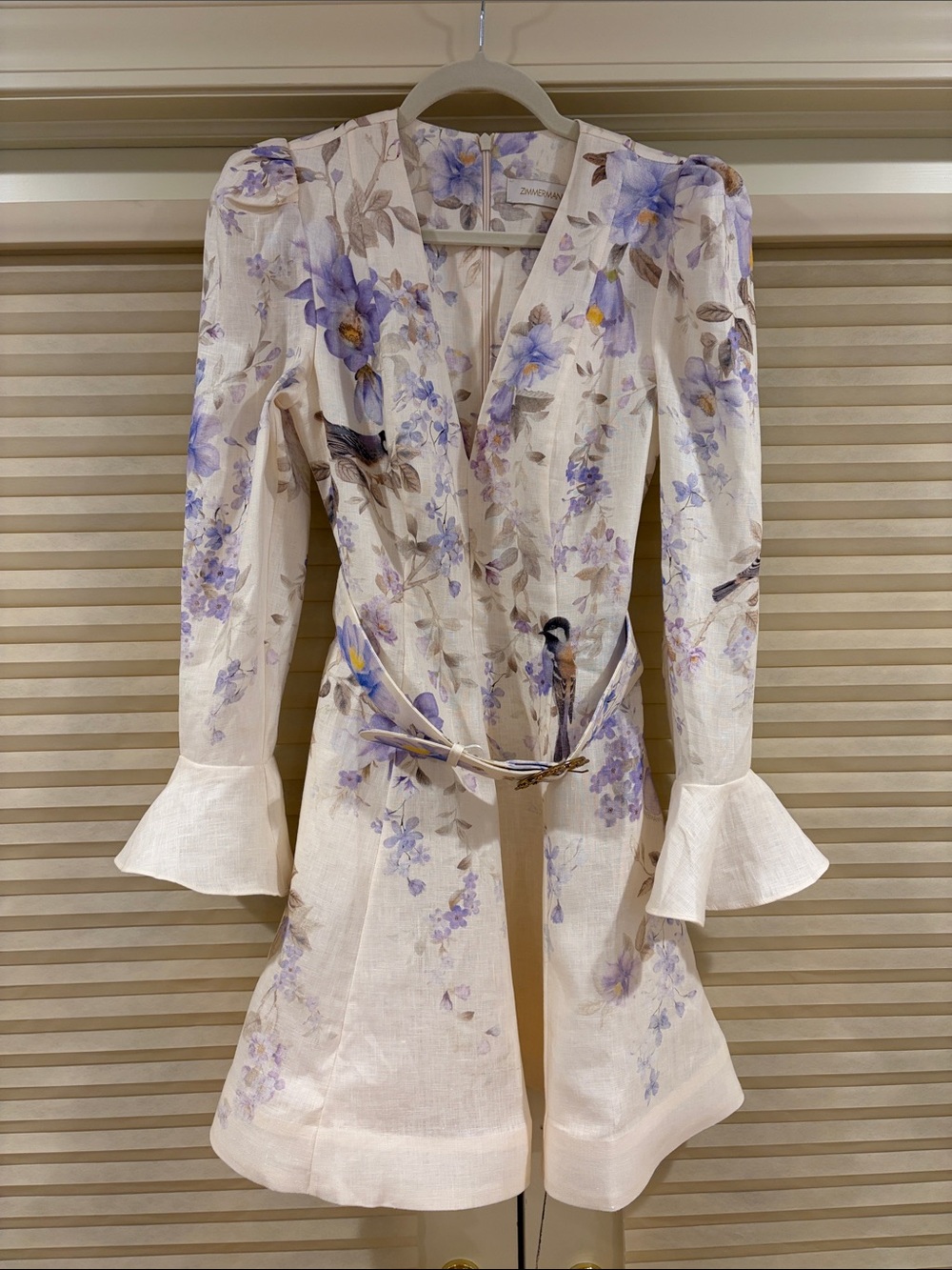 NWOT Zimmermann Lavender Belted Floral Linen Mini Dress, Size AU 0